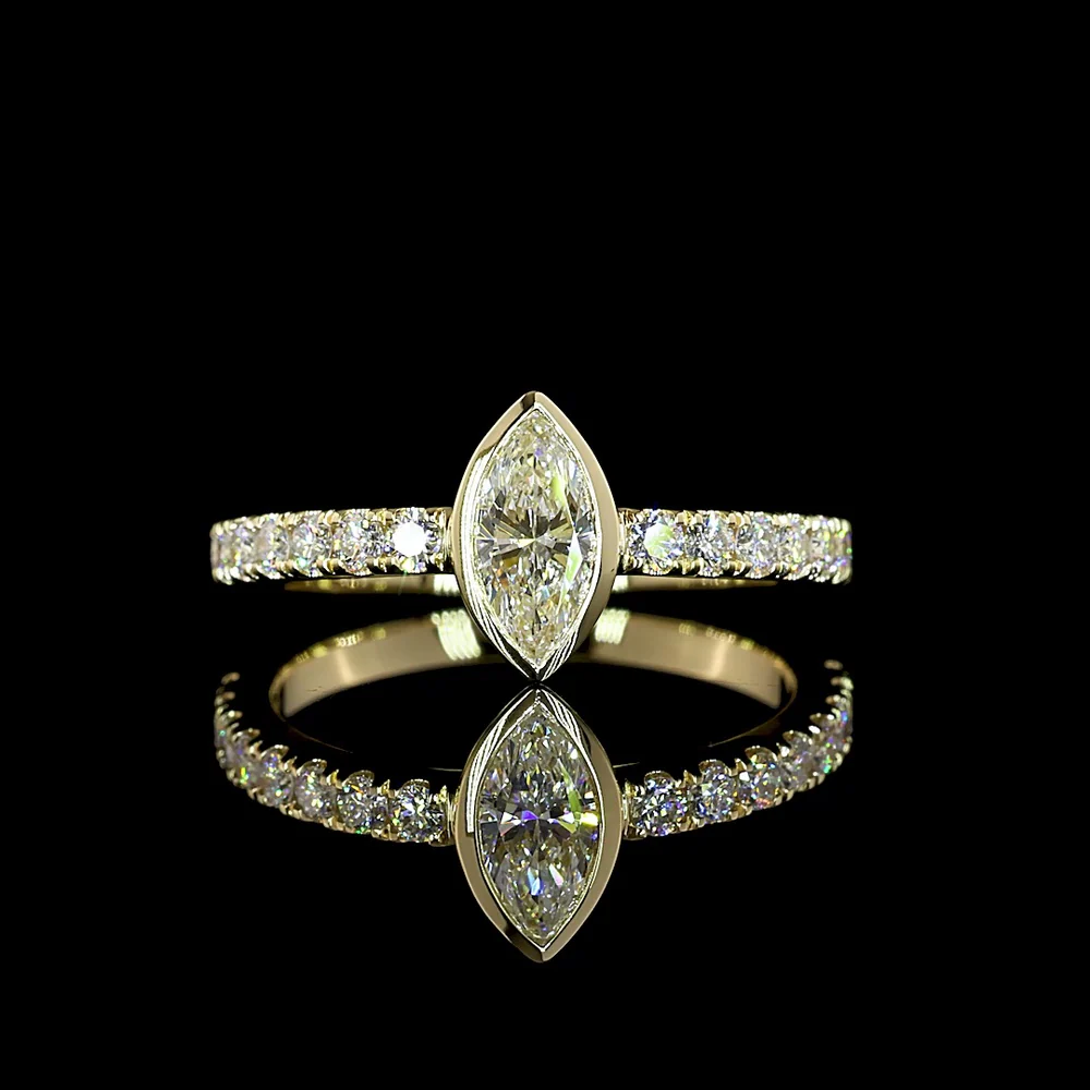 14K Yellow Gold Marquise Cut Lab Diamond Solitaire Ring with Diamond Accented Shank - 0.74 Carat Total Diamond Weight, E-F Color VS1 Clarity - Covaloro Fine Jewelry