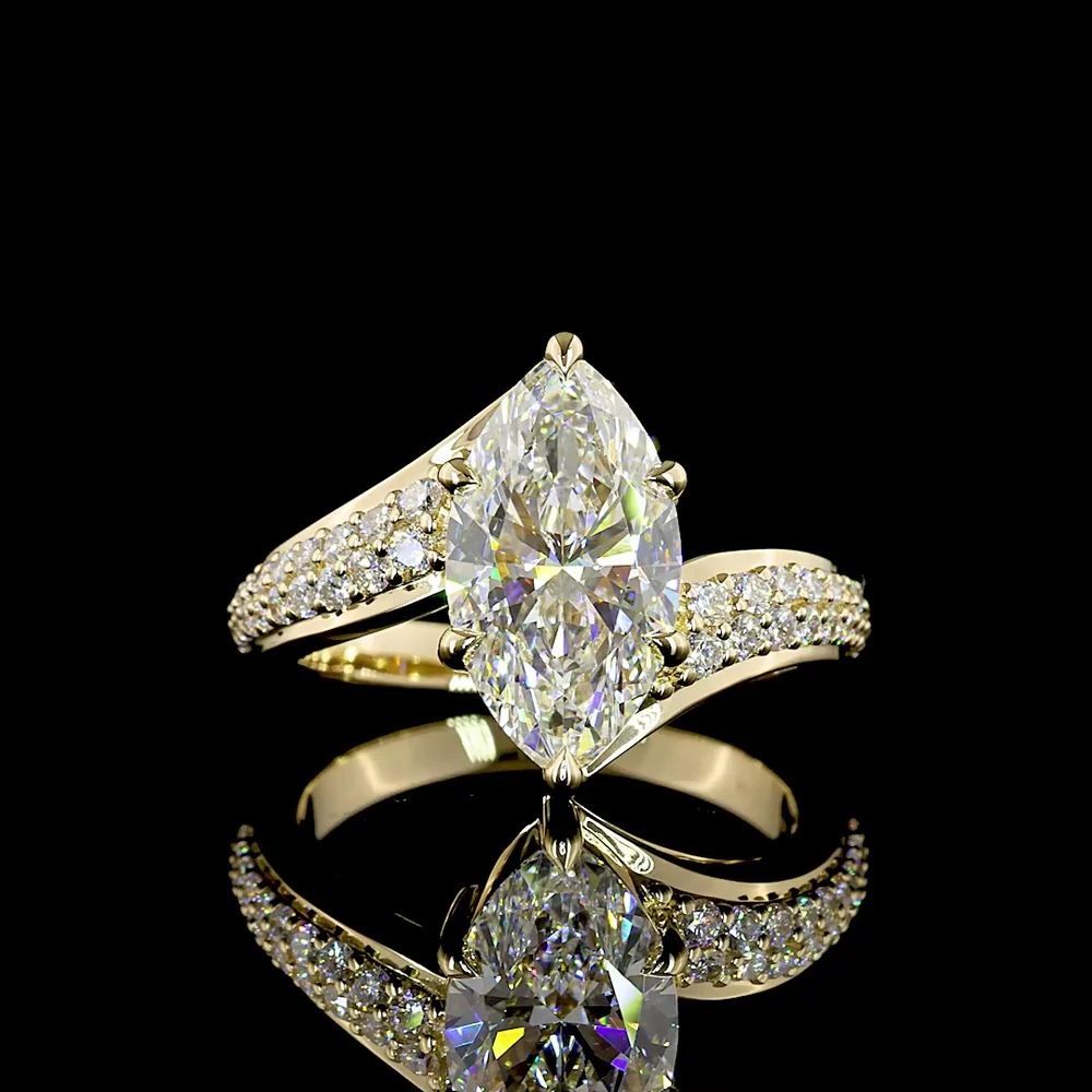 14K Yellow Gold Marquise Cut Lab Diamond Solitaire Ring with Pavé Shank - 3.44 Carats Total Diamond Weight - Covaloro Fine Jewelry