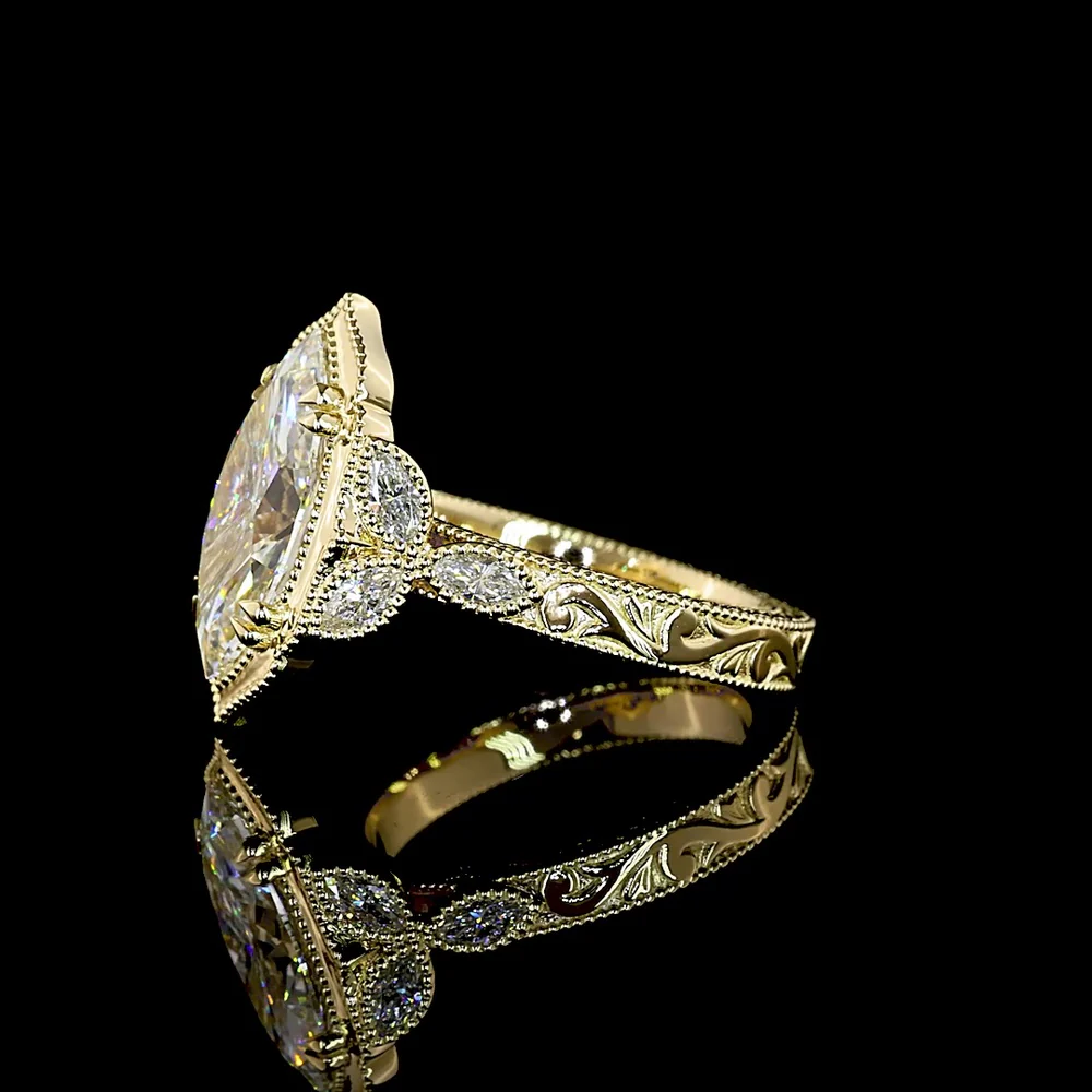 14K Yellow Gold Marquise Cut Lab Diamond Special Ring with Milgrain Detail - 3.20 Carats Center, 3.58 Carats Total Diamond Weight - Covaloro Fine Jewelry - Image 3