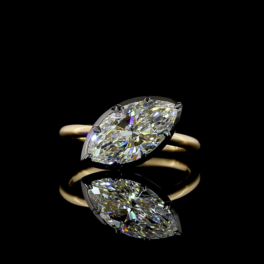 14K Yellow Gold Marquise Cut Solitaire Ring with Black Rhodium Prong and Bezel Setting - 2.44 Carat Lab Grown Diamond E-F VS1 - Covaloro Fine Jewelry