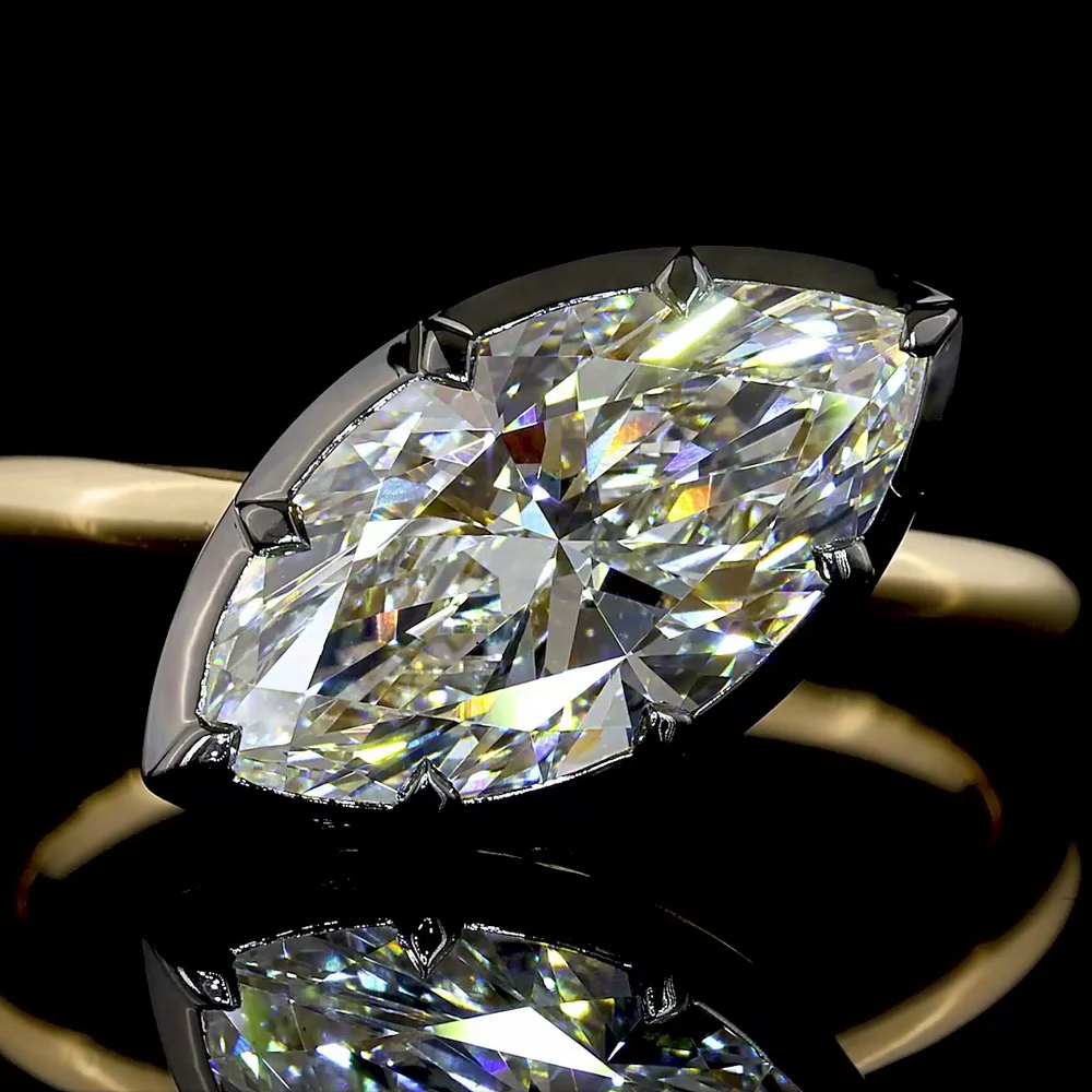 14K Yellow Gold Marquise Cut Solitaire Ring with Black Rhodium Prong and Bezel Setting - 2.44 Carat Lab Grown Diamond E-F VS1 - Covaloro Fine Jewelry - Image 2