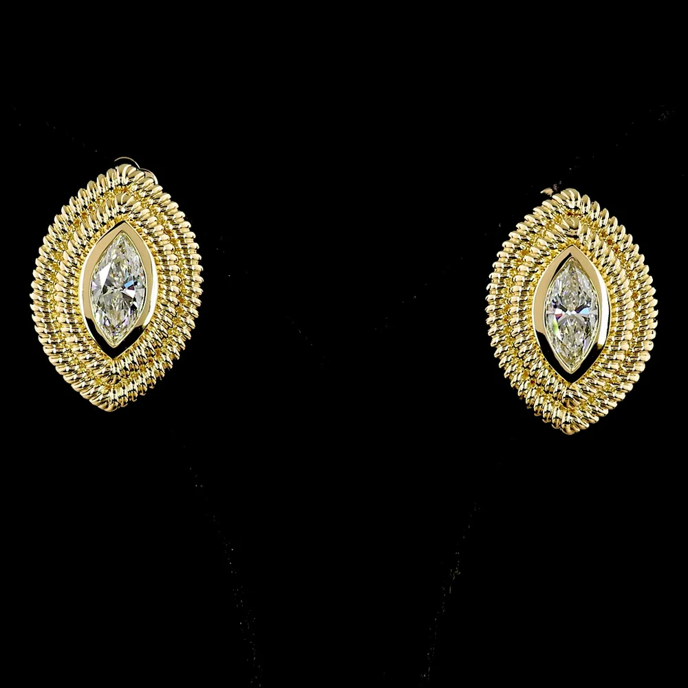 14K Yellow Gold Marquise Cut Stud Earrings with Bezel Setting and Milgrain Detail - 2.32 Carats Total Weight Lab Grown Diamonds - Covaloro Fine Jewelry