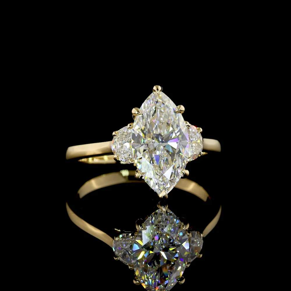 14K Yellow Gold Marquise Cut Three Stone Ring with 2.04 Carat Lab Grown Diamond (E VVS2) and 0.30 Carat Half-Moon Side Diamonds - 2.34 Carat Total Diamond Weight - Covaloro Fine Jewelry