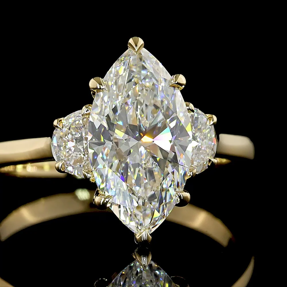 14K Yellow Gold Marquise Cut Three Stone Ring with 2.04 Carat Lab Grown Diamond (E VVS2) and 0.30 Carat Half-Moon Side Diamonds - 2.34 Carat Total Diamond Weight - Covaloro Fine Jewelry - Image 2