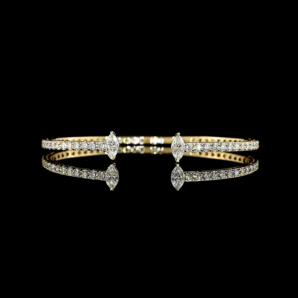 14K Yellow Gold Marquise Diamond Open Cuff Bangle Bracelet with Prong-Set Lab Diamonds - 4.33 Carat Total Weight - Covaloro Fine Jewelry