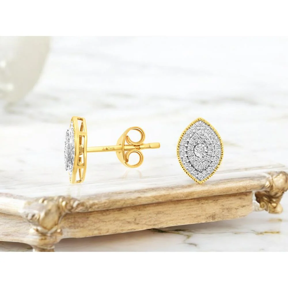 14K Yellow Gold Marquise Halo Diamond Stud Earrings with Milgrain Detail - 0.16 Carat Total Diamond Weight - Royal Jewelry - Image 2