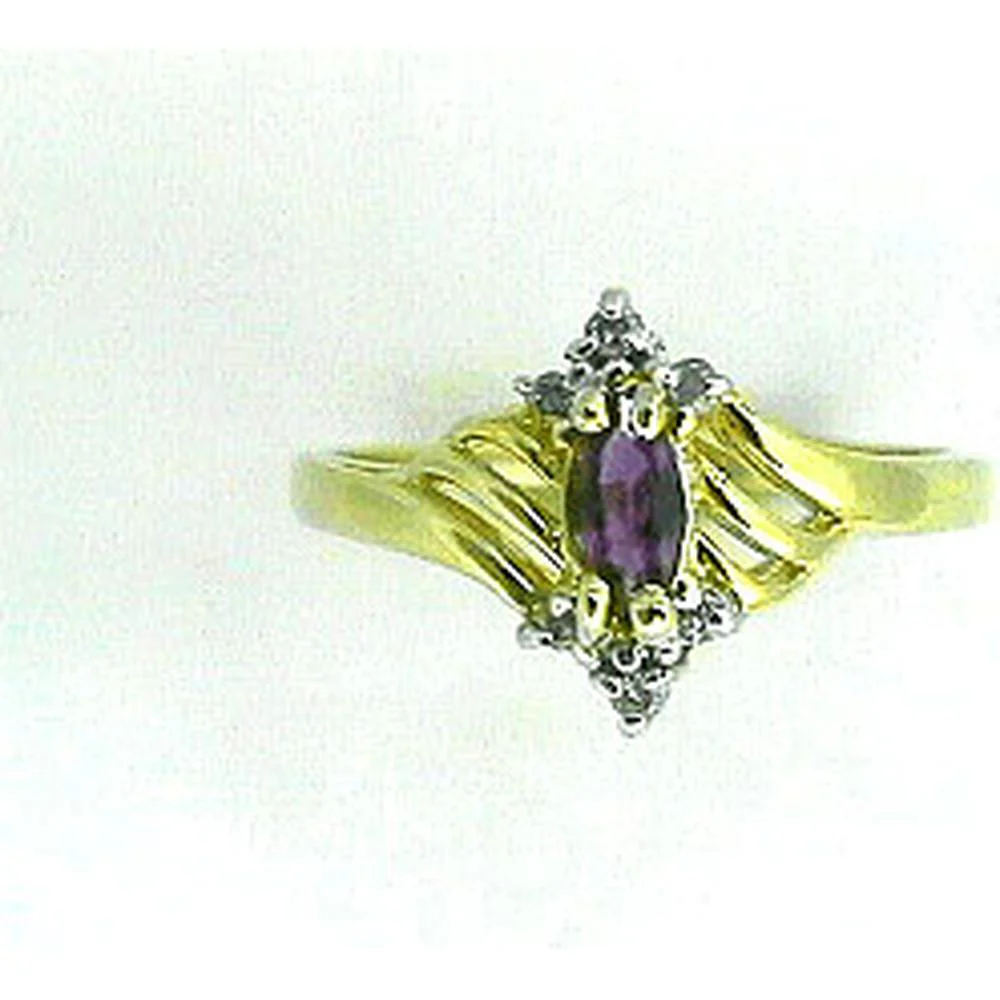 14K Yellow Gold Marquise Purple Color Stone Ring with Round Diamond Accents - 0.07 Carat Total Diamond Weight - Royal Jewelry