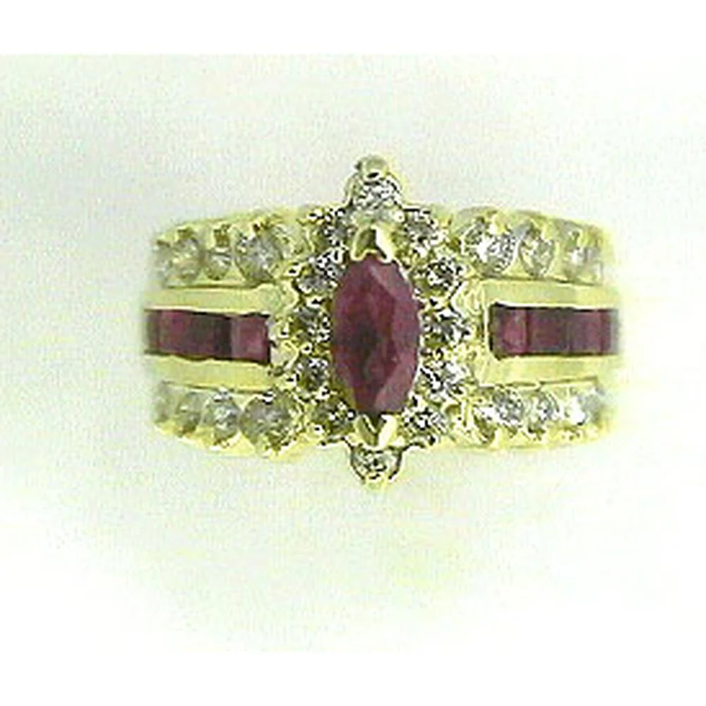 14K Yellow Gold Marquise Ruby and Diamond Halo Ring with Baguette Ruby Accents - 1.10 Carat Ruby, 0.80 Carat Diamond - Royal Jewelry