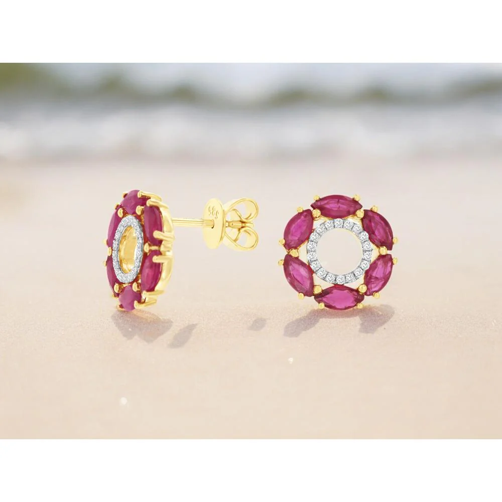 14K Yellow Gold Marquise Ruby and Diamond Halo Stud Earrings - 2.10 Carat Total Ruby Weight, 0.12 Carat Total Diamond Weight - Royal Jewelry - Image 2