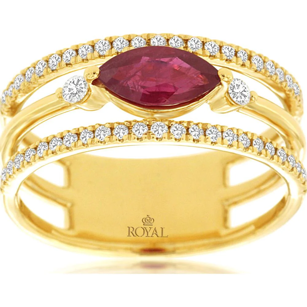 14K Yellow Gold Marquise Ruby and Diamond Split Shank Ring with Milgrain Detail - 0.62 Carat Ruby Total Weight & 0.16 Carat Diamond Total Weight - Royal Jewelry