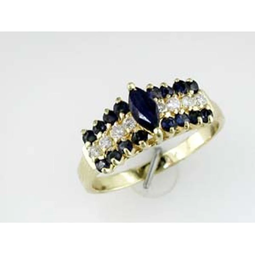 14K Yellow Gold Marquise Sapphire and Round Diamond Ring - 0.55 Carats Sapphire, 0.16 Carats Total Diamond Weight - Royal Jewelry
