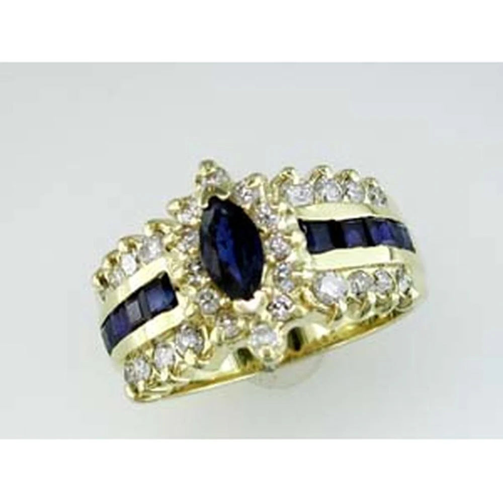 14K Yellow Gold Marquise Sapphire and Round Diamond Ring - 1.20 Carat Sapphire and 0.80 Carat Total Diamond Weight - Royal Jewelry