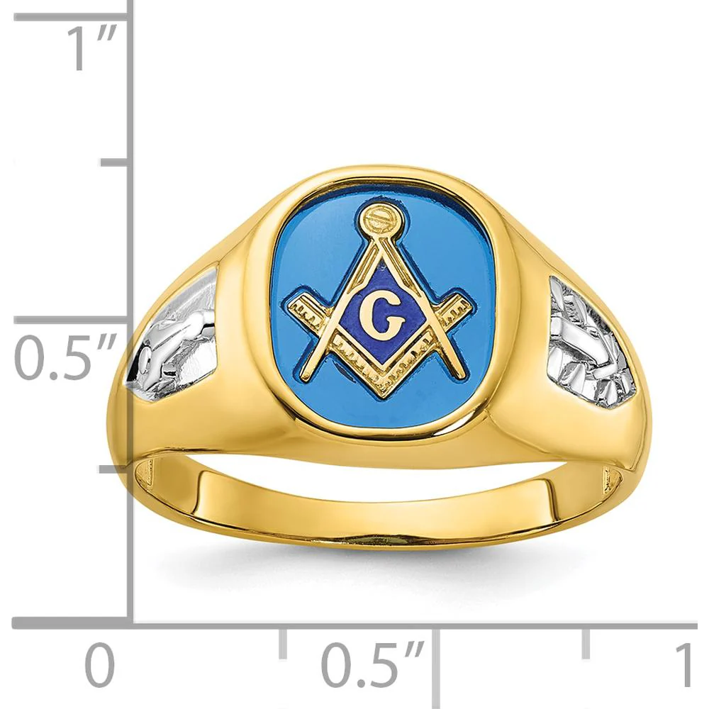14K Yellow Gold Masonic Band with Lab Created Sapphire Cushion Cut - 12x10mm by IBGoodman - Image 3