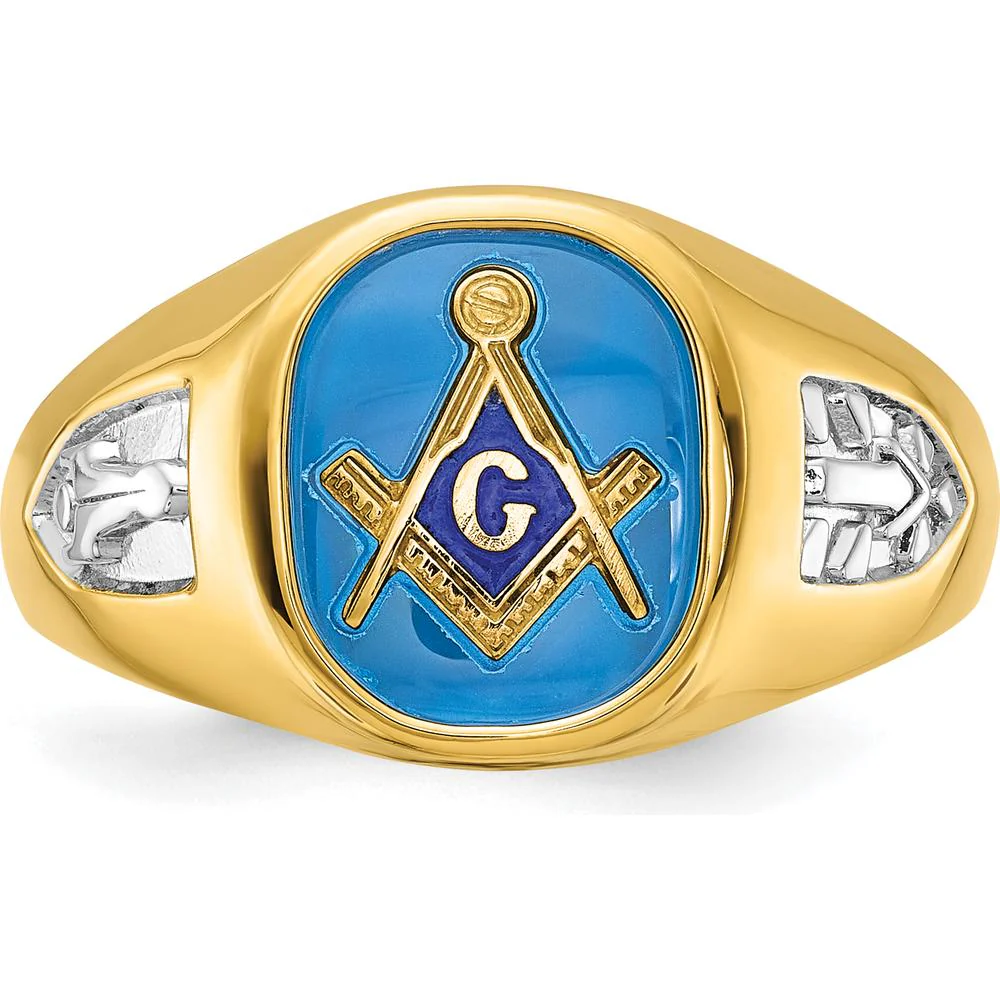 14K Yellow Gold Masonic Band with Lab Created Sapphire Cushion Cut - 12x10mm by IBGoodman - Image 6