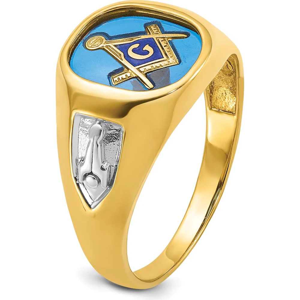 14K Yellow Gold Masonic Band with Lab Created Sapphire Cushion Cut - 12x10mm by IBGoodman - Image 8
