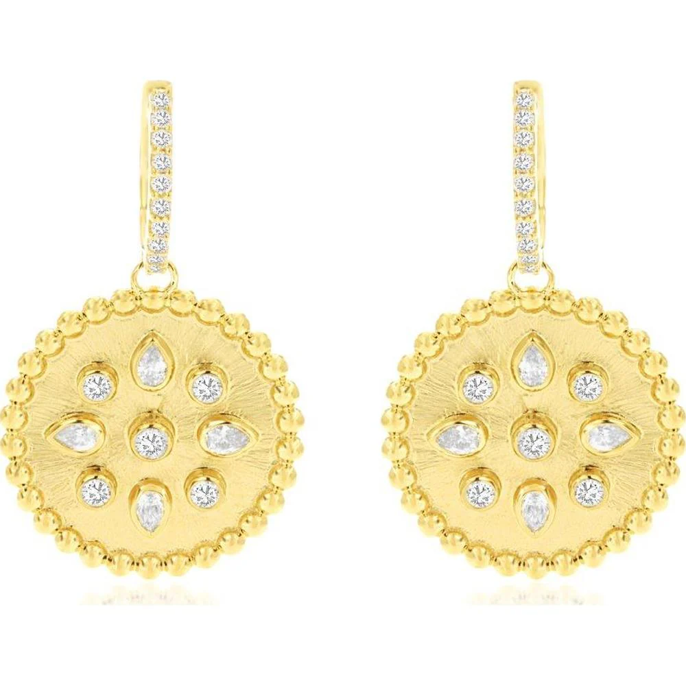 14K Yellow Gold Medallion Drop Earrings with Round and Pear-Shaped Diamonds - 0.85 Carat Total Diamond Weight - Royal Jewelry