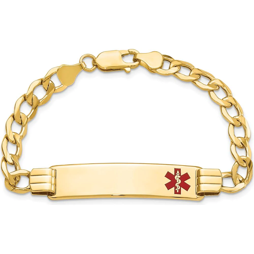 14K Yellow Gold Medical Alert Curb Link Bracelet with Red Enamel - 7" Length by Oro Pregiato - Image 4