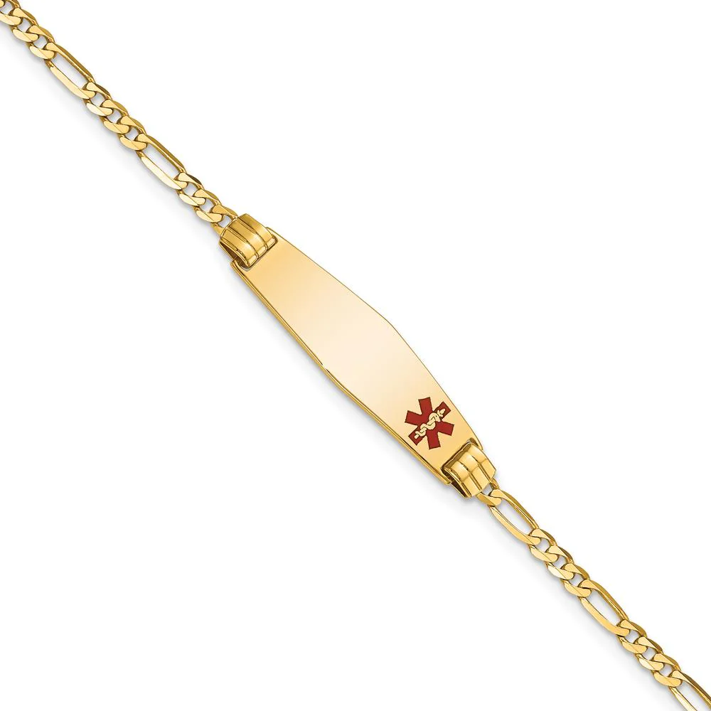 14K Yellow Gold Medical ID Bracelet with Off-Center Red Enamel Cross and Figaro Link Chain - 7" Length by Oro Pregiato
