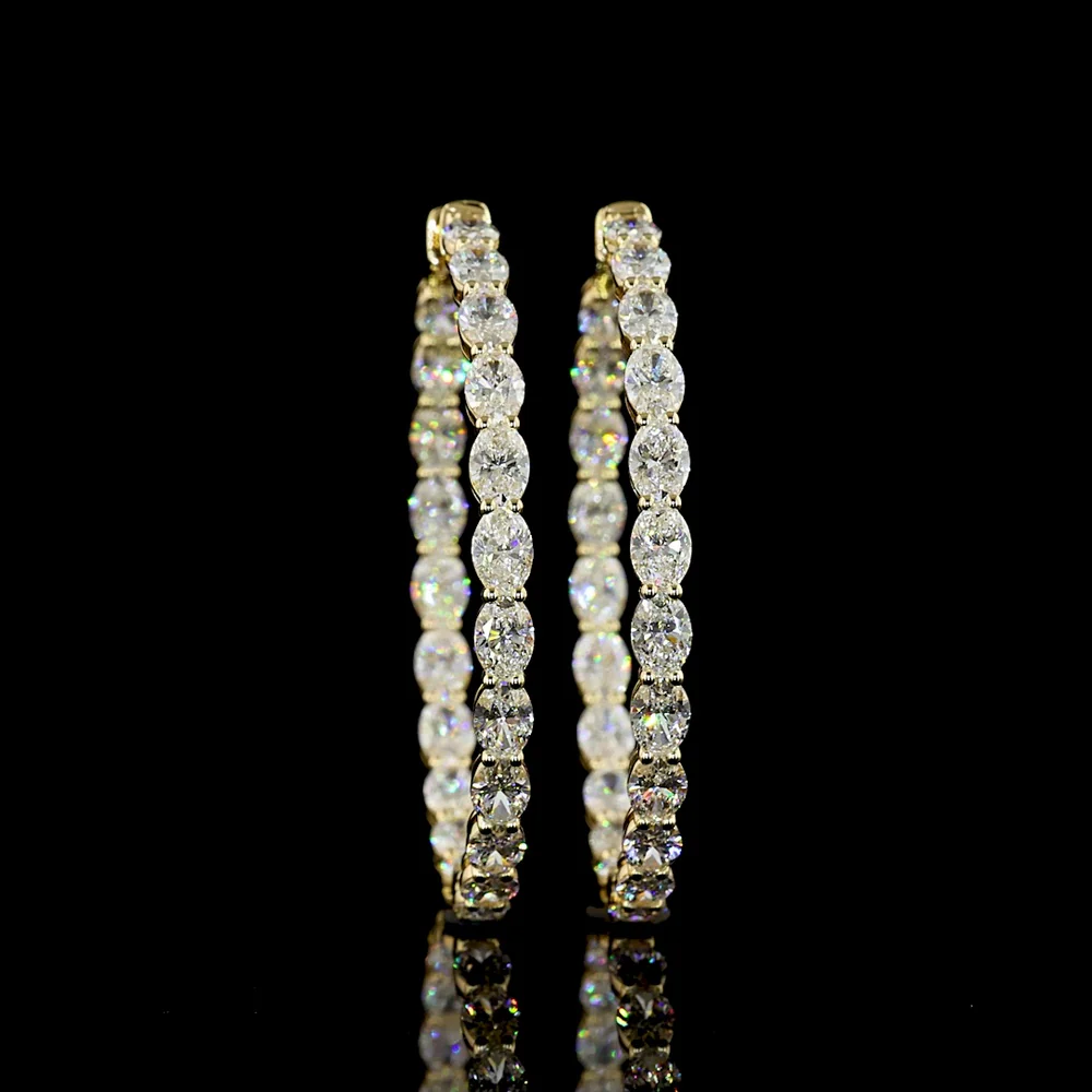 14K Yellow Gold Medium Hoop Earrings with 44 Prong-Set Oval Cut Lab Diamonds - 7.84 Carats Total Diamond Weight - Covaloro Fine Jewelry