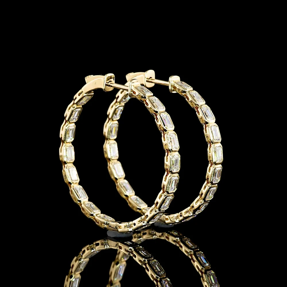 14K Yellow Gold Medium Hoop Earrings with East-West Bezel Set Emerald Cut Lab Diamonds - 2.95 Carats Total Diamond Weight - Covaloro Fine Jewelry