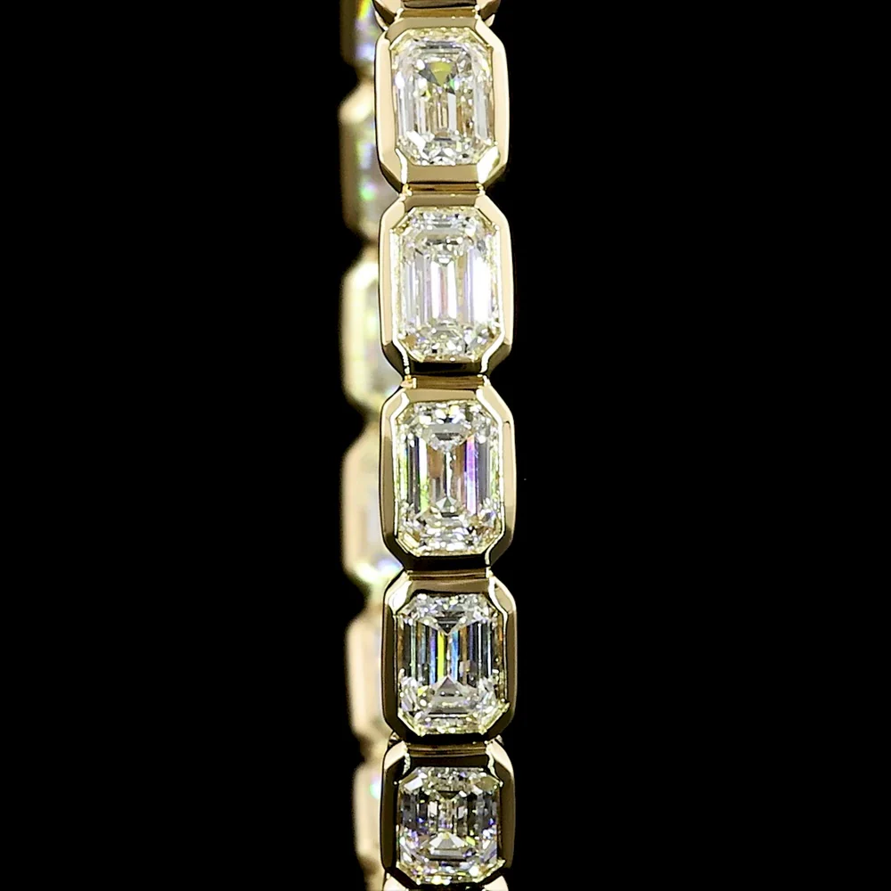 14K Yellow Gold Medium Hoop Earrings with East-West Bezel Set Emerald Cut Lab Diamonds - 2.95 Carats Total Diamond Weight - Covaloro Fine Jewelry - Image 2