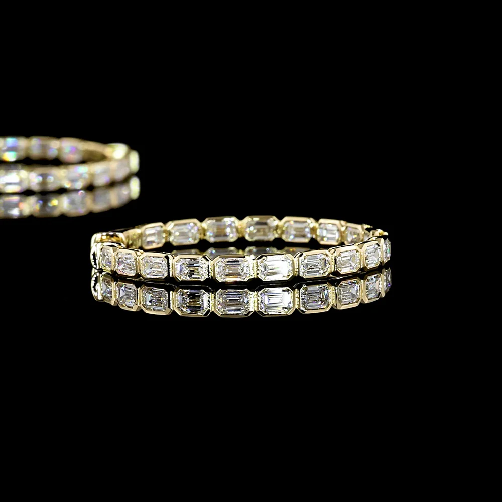 14K Yellow Gold Medium Hoop Earrings with East-West Bezel Set Emerald Cut Lab Diamonds - 2.95 Carats Total Diamond Weight - Covaloro Fine Jewelry - Image 4