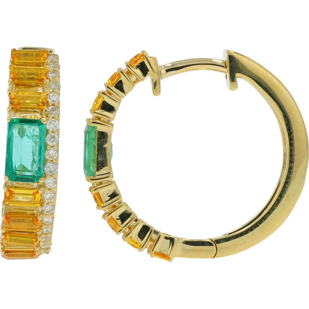 14K Yellow Gold Medium Hoop Earrings with Emerald, Yellow Sapphire 1.55 - 1.70 Carat Total, and Diamond Accents 0.20 Carat Total