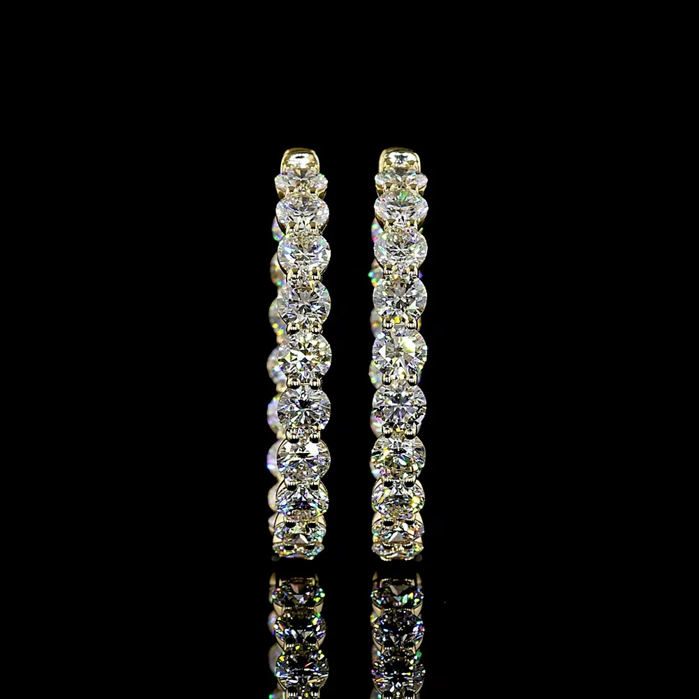 14K Yellow Gold Medium Hoop Earrings with Prong-Set Round Brilliant Cut Lab Diamonds - 7.31 Carat Total Diamond Weight - Covaloro Fine Jewelry