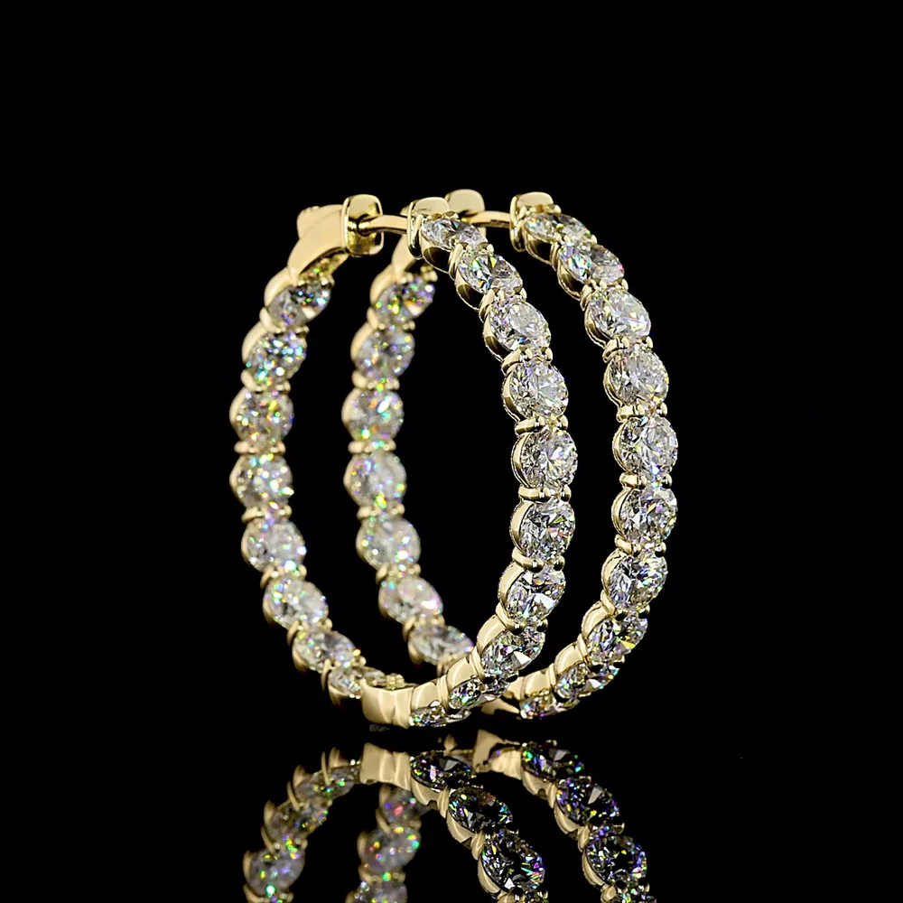 14K Yellow Gold Medium Hoop Earrings with Prong-Set Round Brilliant Cut Lab Diamonds - 7.31 Carat Total Diamond Weight - Covaloro Fine Jewelry - Image 2