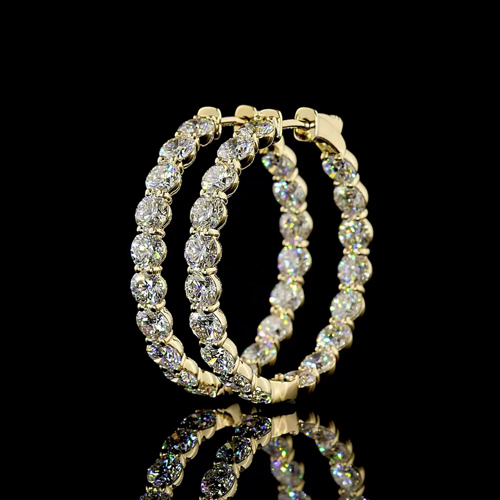 14K Yellow Gold Medium Hoop Earrings with Prong-Set Round Brilliant Cut Lab Diamonds - 7.31 Carat Total Diamond Weight - Covaloro Fine Jewelry - Image 3
