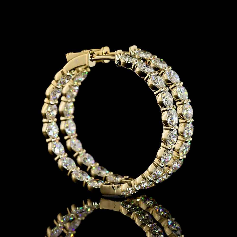 14K Yellow Gold Medium Hoop Earrings with Prong Set Round Lab Diamonds - 7.35 Carat Total Diamond Weight - Covaloro Fine Jewelry