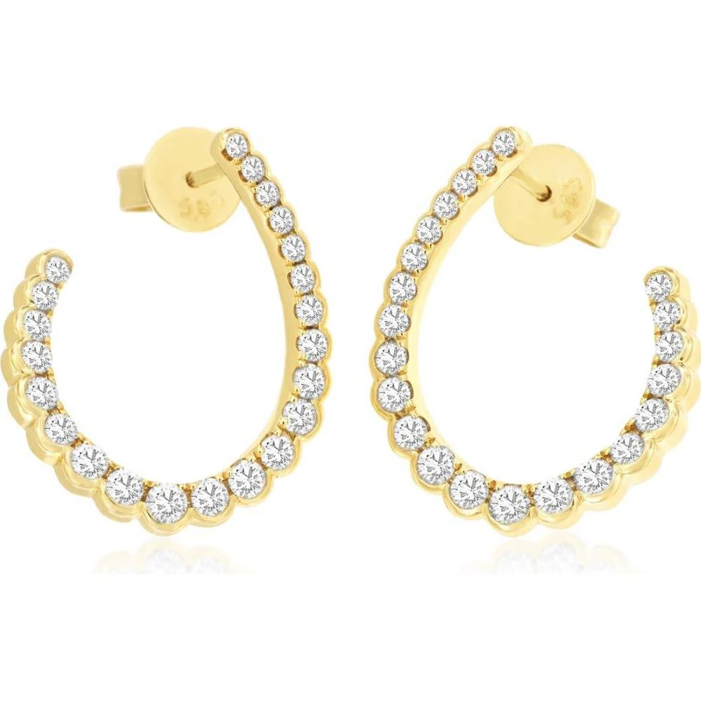 14K Yellow Gold Medium Hoop Earrings with Round Brilliant Cut Diamonds - 0.90 Carat Total Diamond Weight - Royal Jewelry