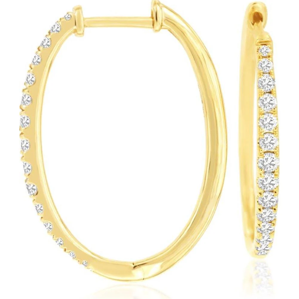 14K Yellow Gold Medium Hoop Earrings with Round Cut Diamond Bead-Set Front - 0.50 Carat Total Diamond Weight - Royal Jewelry