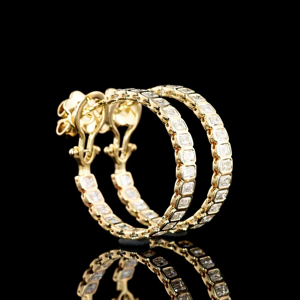 14K Yellow Gold Medium Omega Hoop Earrings with Bezel-Set Emerald Cut Lab Diamonds - 2.57 Carat Total Diamond Weight - Covaloro Fine Jewelry