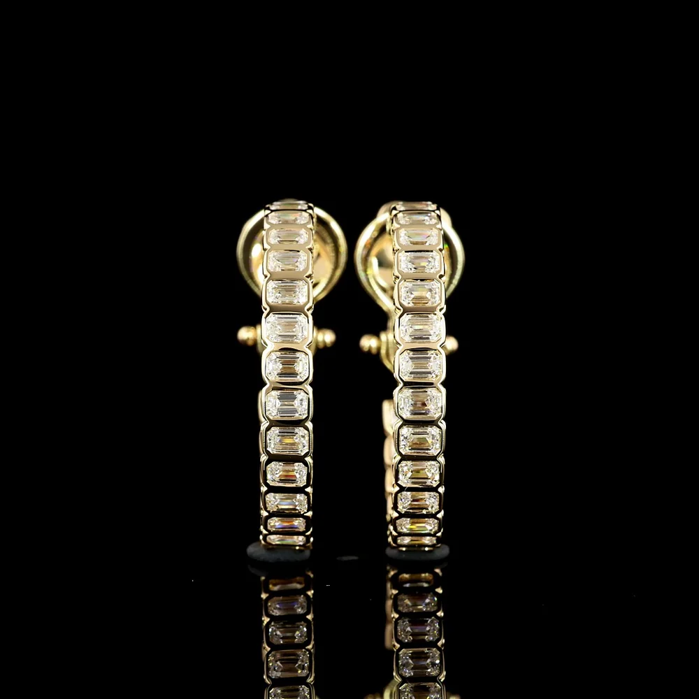 14K Yellow Gold Medium Omega Hoop Earrings with Bezel-Set Emerald Cut Lab Diamonds - 2.57 Carat Total Diamond Weight - Covaloro Fine Jewelry - Image 3