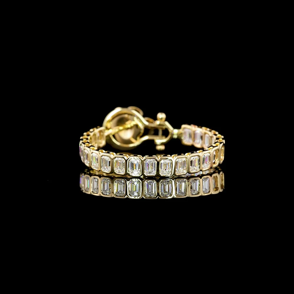 14K Yellow Gold Medium Omega Hoop Earrings with Bezel-Set Emerald Cut Lab Diamonds - 2.57 Carat Total Diamond Weight - Covaloro Fine Jewelry - Image 4