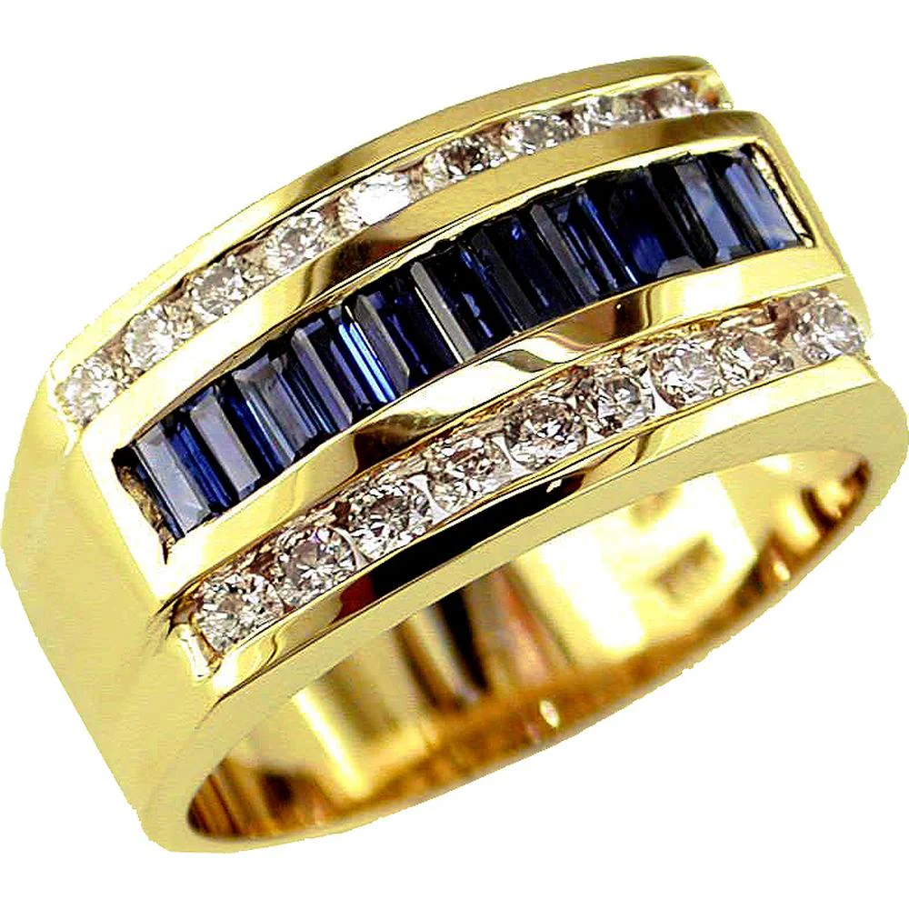 14K Yellow Gold Men's Band Ring with Channel Set Baguette Sapphires and Round Diamonds - 2.25 Carat Total Sapphire Weight and 0.90 Carat Total Diamond Weight - Royal Jewelry