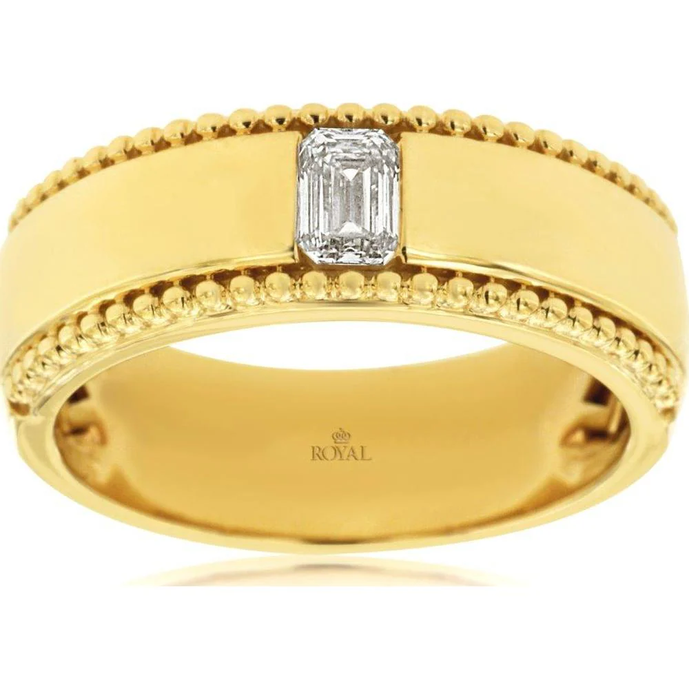 14K Yellow Gold Men's Band Ring with Emerald Cut Diamond and Beaded Milgrain-Style Edges - 0.40 Carat Diamond Weight - Royal Jewelry