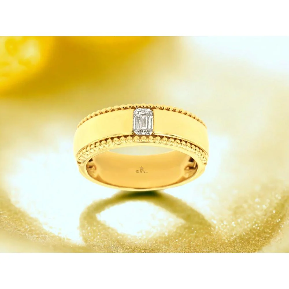 14K Yellow Gold Men's Band Ring with Emerald Cut Diamond and Beaded Milgrain-Style Edges - 0.40 Carat Diamond Weight - Royal Jewelry - Image 2
