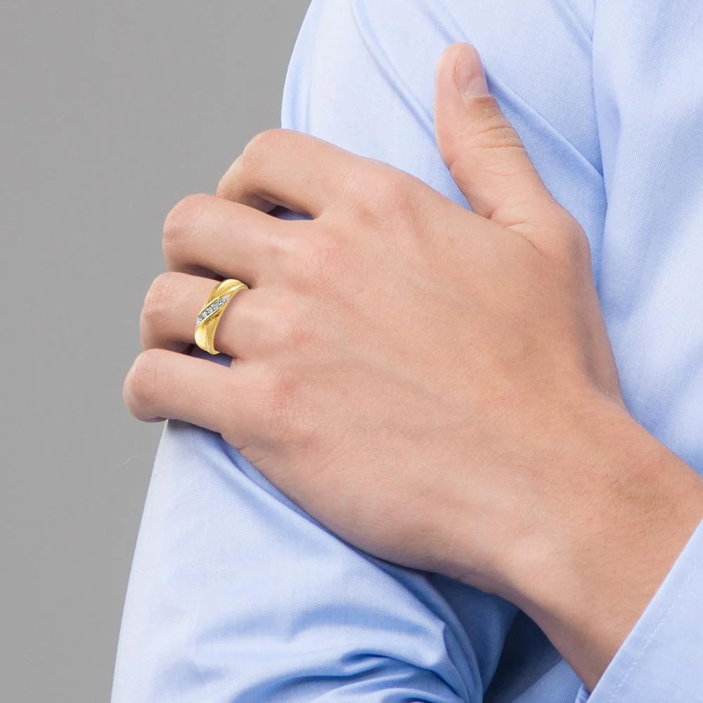 14K Yellow Gold Men's Band with 5 Round Diamonds - 0.02 Carats Total Diamond Weight by IBGoodman - Image 4