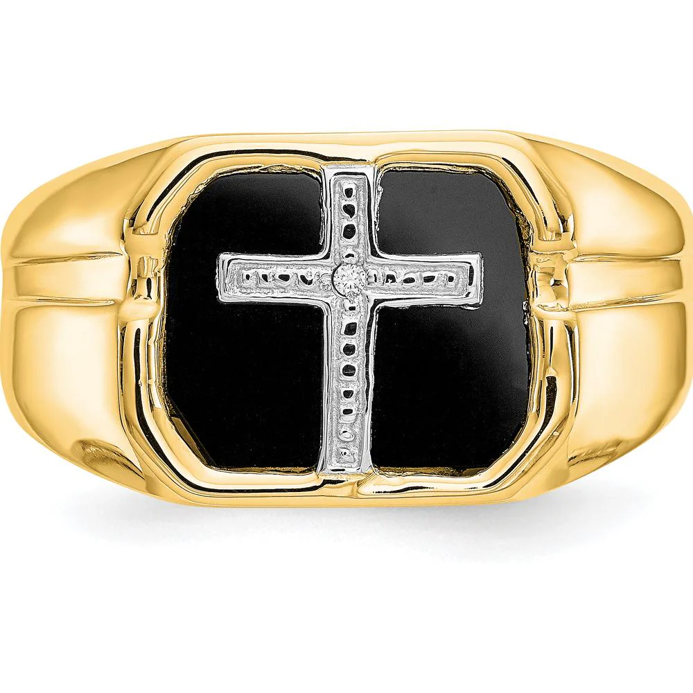 14K Yellow Gold Men's Cross Ring with Round Diamond and Onyx Accent - 0.004 Carat Diamond - Size 11 by Monteluci Fine Jewelry - Image 4