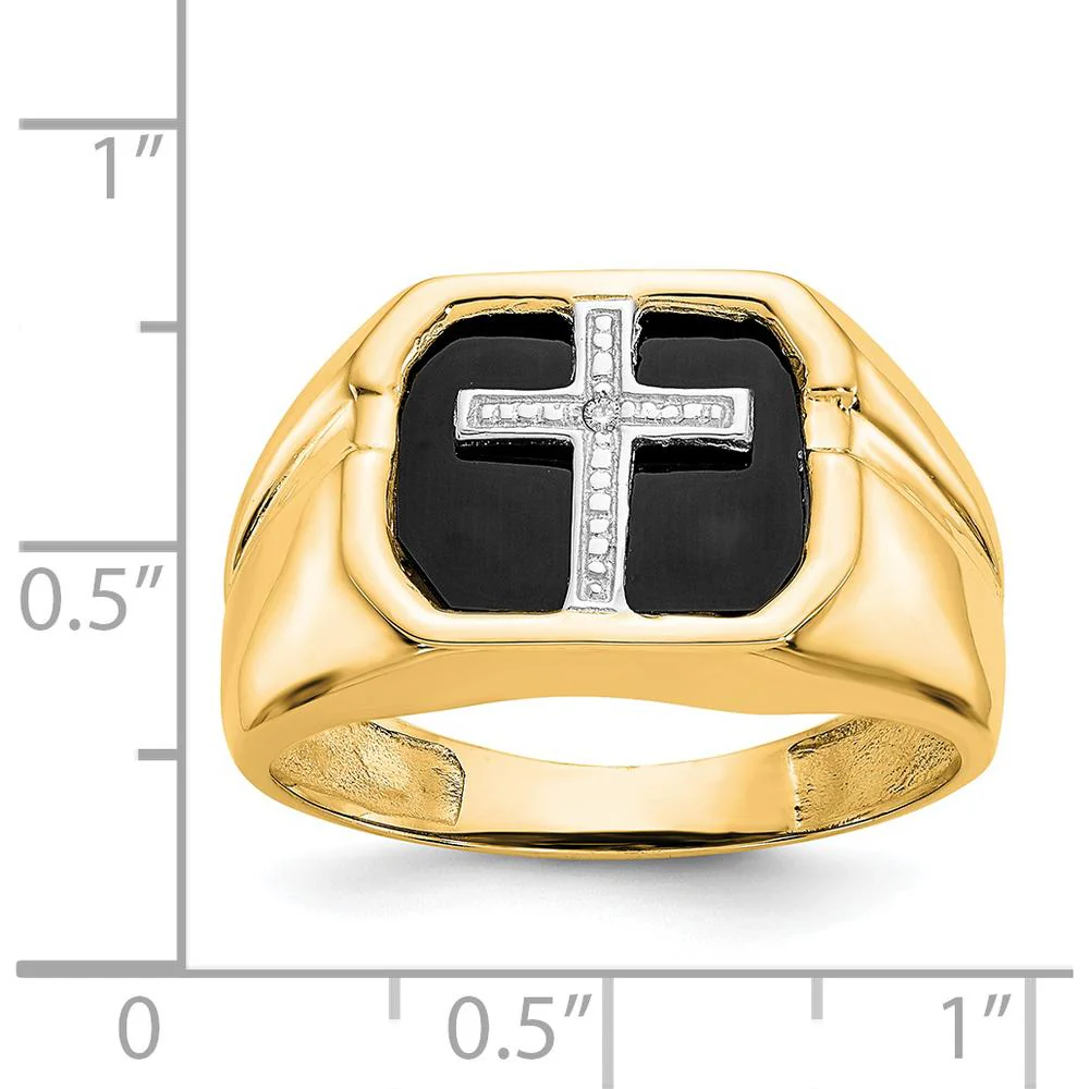 14K Yellow Gold Men's Cross Ring with Round Diamond and Onyx Accent - 0.004 Carat Diamond - Size 11 by Monteluci Fine Jewelry - Image 5