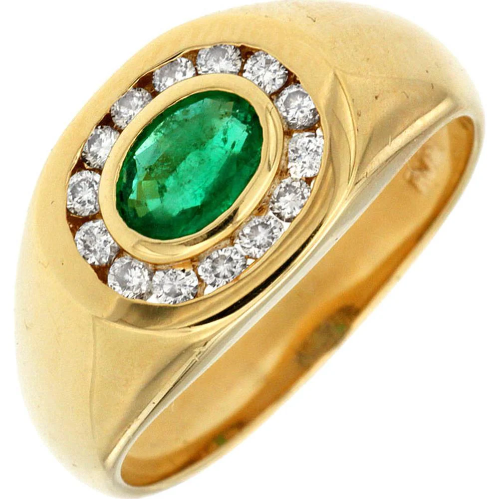 14K Yellow Gold Men's Diamond and Oval Emerald Ring - 0.85 Carats Emerald, 0.30 Carats Diamond Total Weight - Royal Jewelry