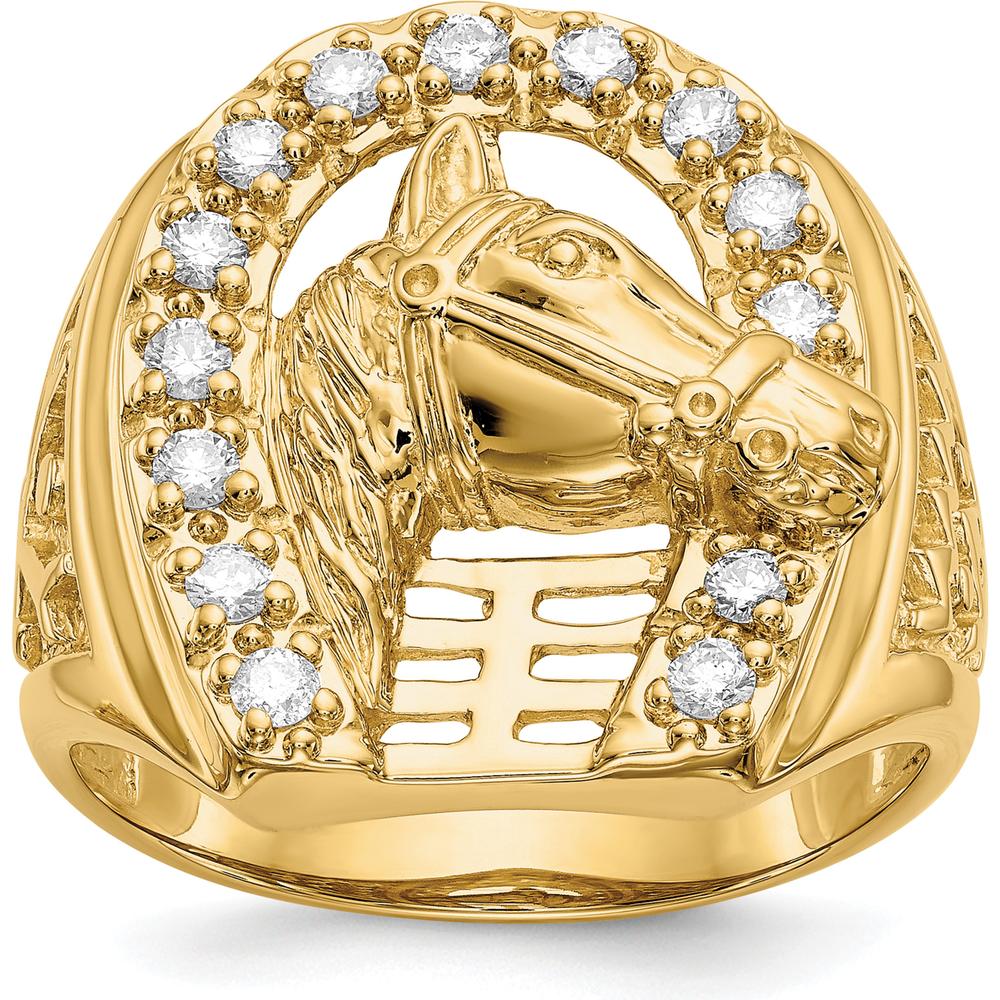 14K Yellow Gold Men's Diamond Horseshoe Ring with Horse Head and 14 Round Diamonds - 0.035 Carat Total Diamond Weight - Size 10 by Monteluci Fine Jewelry