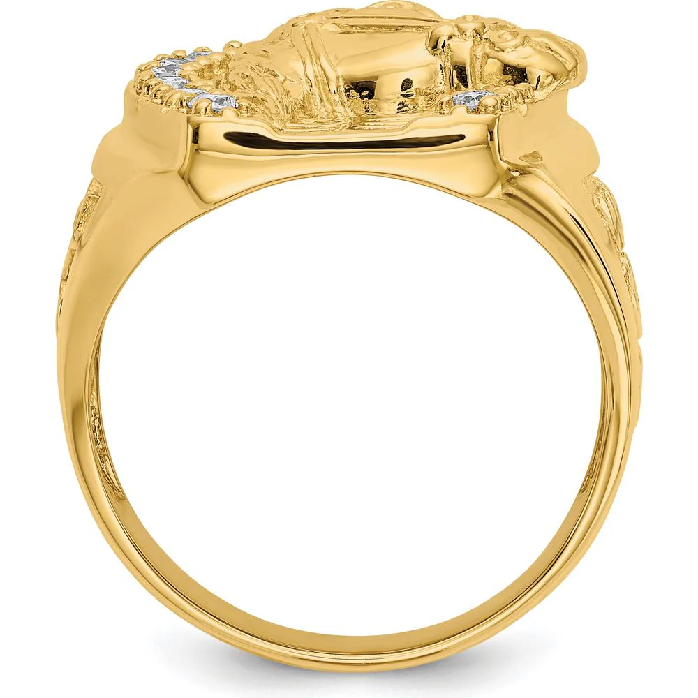 14K Yellow Gold Men's Diamond Horseshoe Ring with Horse Head and 14 Round Diamonds - 0.035 Carat Total Diamond Weight - Size 10 by Monteluci Fine Jewelry - Image 2