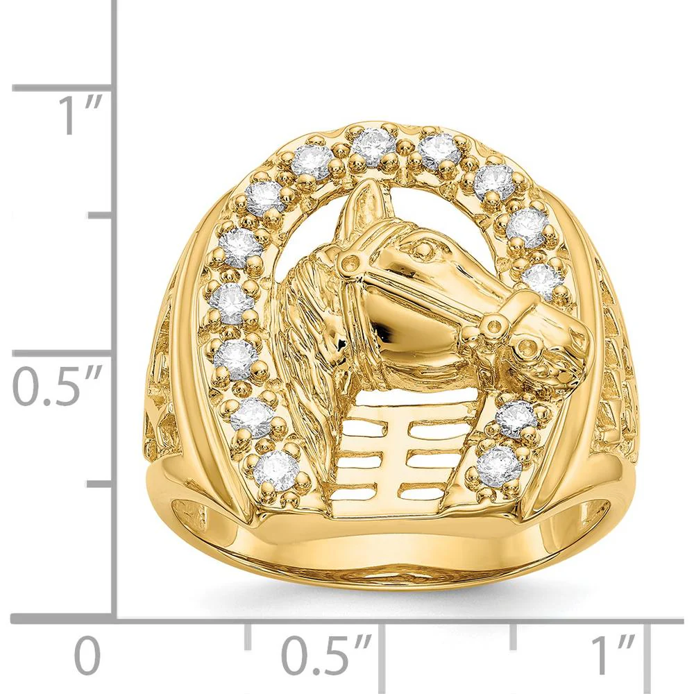 14K Yellow Gold Men's Diamond Horseshoe Ring with Horse Head and 14 Round Diamonds - 0.035 Carat Total Diamond Weight - Size 10 by Monteluci Fine Jewelry - Image 5