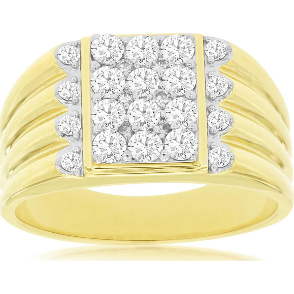 14K Yellow Gold Men's Diamond Ring with Round Diamond Cluster and Two-Tone Accents - 1.00 Total Carat Weight - Royal Jewelry