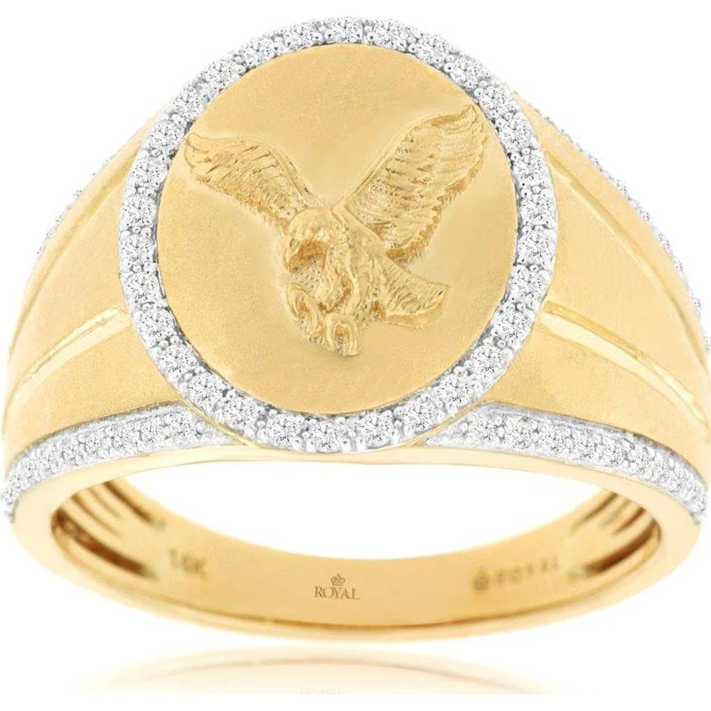14K Yellow Gold Men's Eagle Ring with Halo of Pavé-Set Round Diamonds – 0.33 Carat Total Diamond Weight - Royal Jewelry