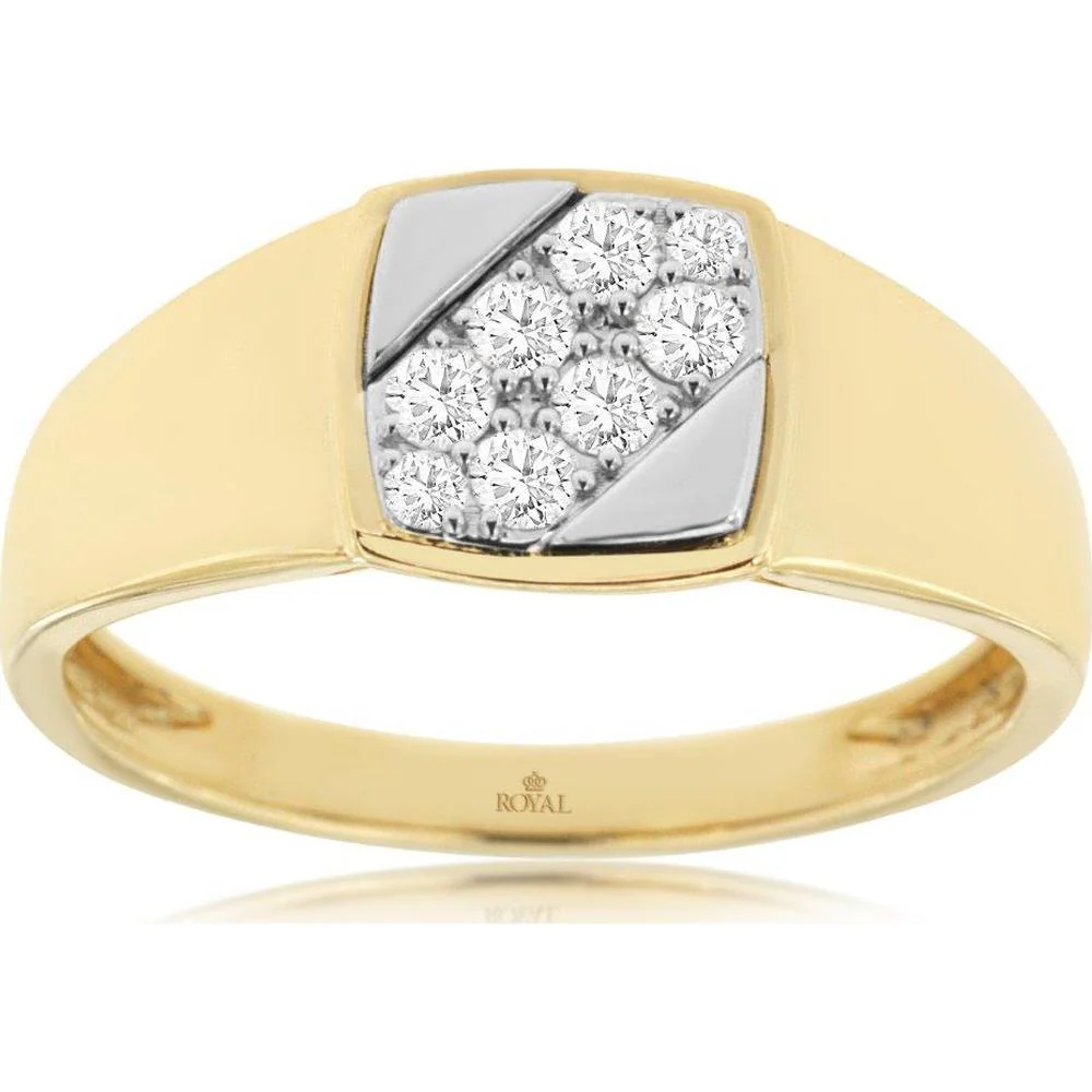14K Yellow Gold Men's Geometric Two-Tone Ring with Cluster Set Round Diamonds - 0.31 Carat Total Diamond Weight - Royal Jewelry