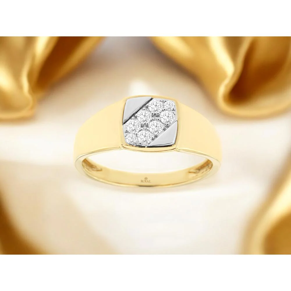 14K Yellow Gold Men's Geometric Two-Tone Ring with Cluster Set Round Diamonds - 0.31 Carat Total Diamond Weight - Royal Jewelry - Image 2